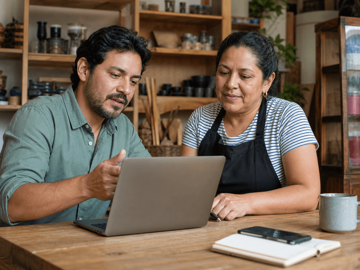 Consultor y emprendedora trabajando juntos con una laptop