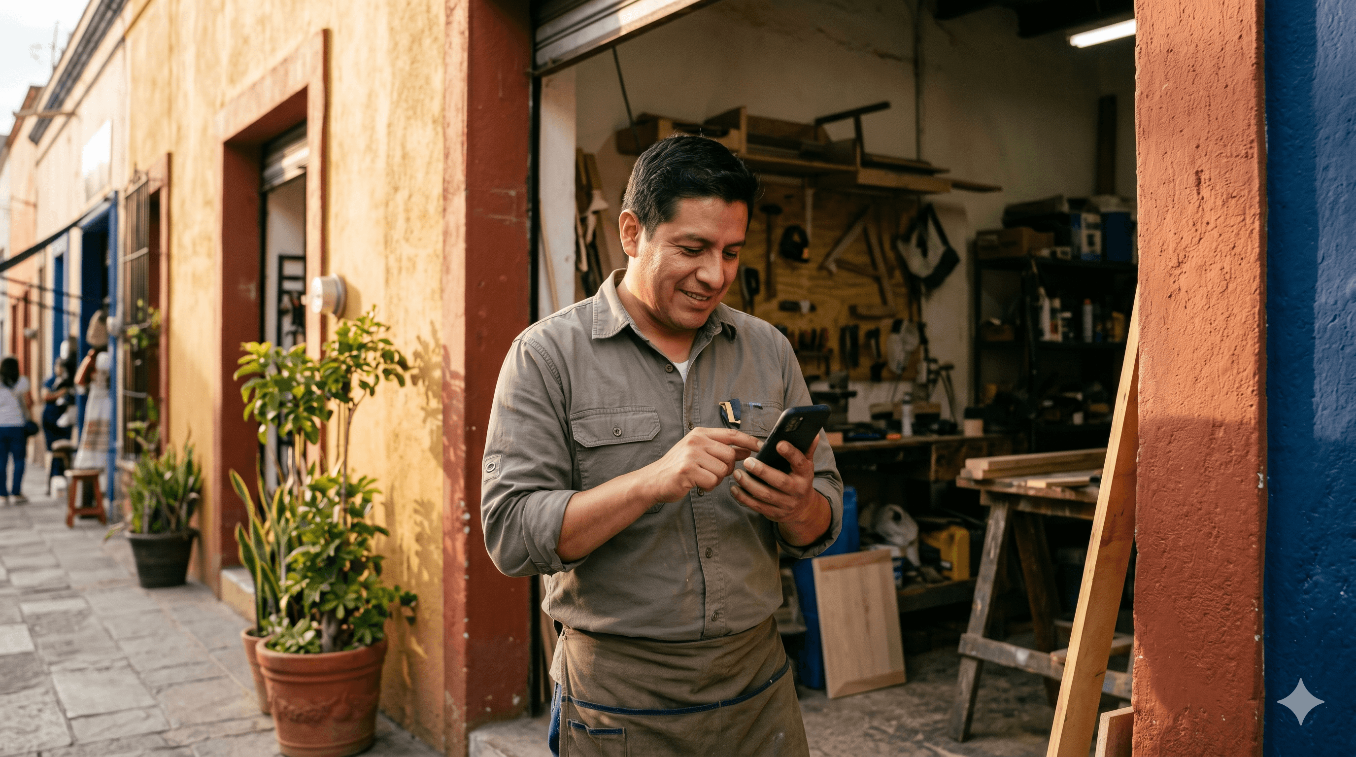 Emprendedor revisando su negocio en un celular dentro de un taller
